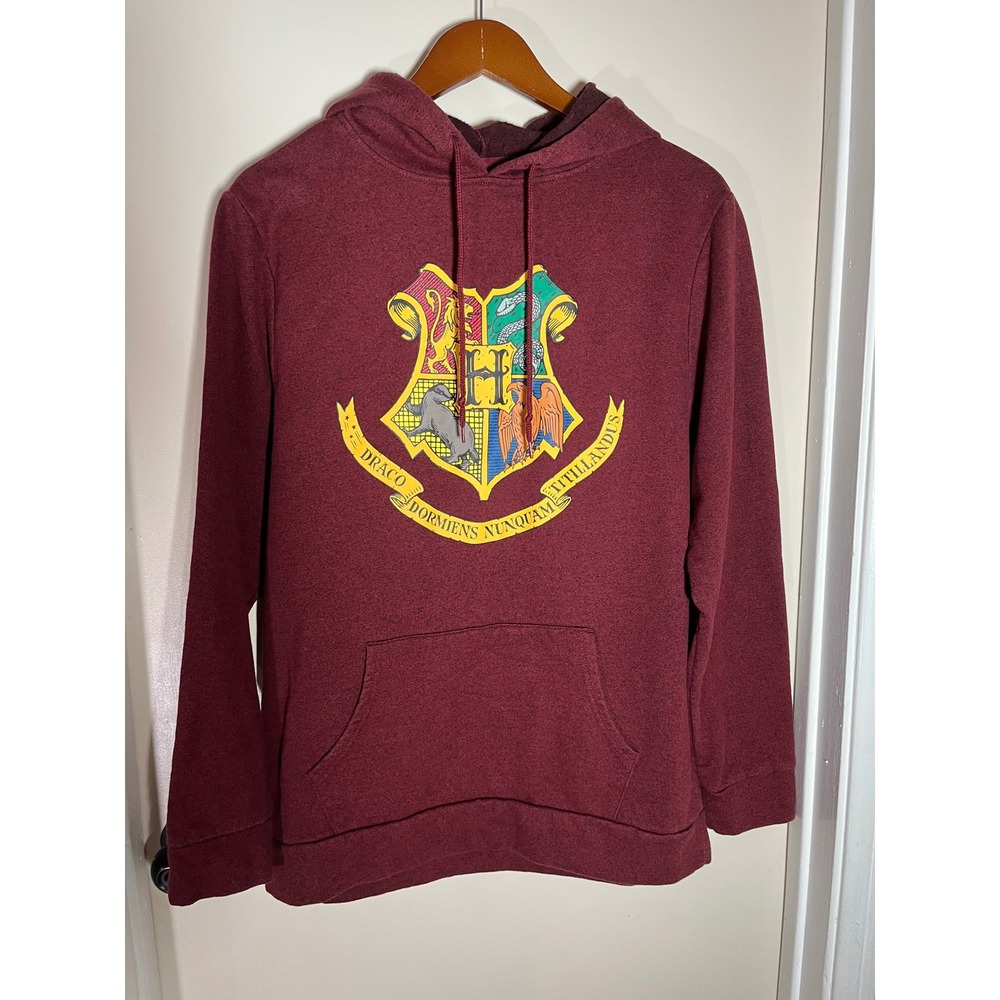Harry Potter Hogwarts Crest Maroon Hoodie Pullover Long Sleeve Sweatshirt Size L